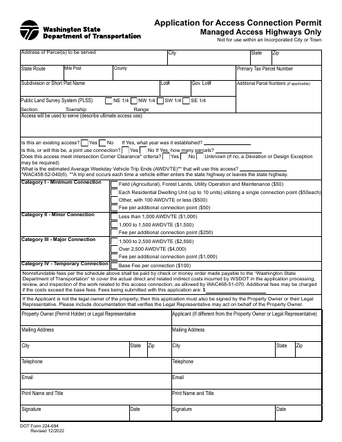 DOT Form 224-694 Application for Access Connection Permit - Managed Access Highways Only - Washington