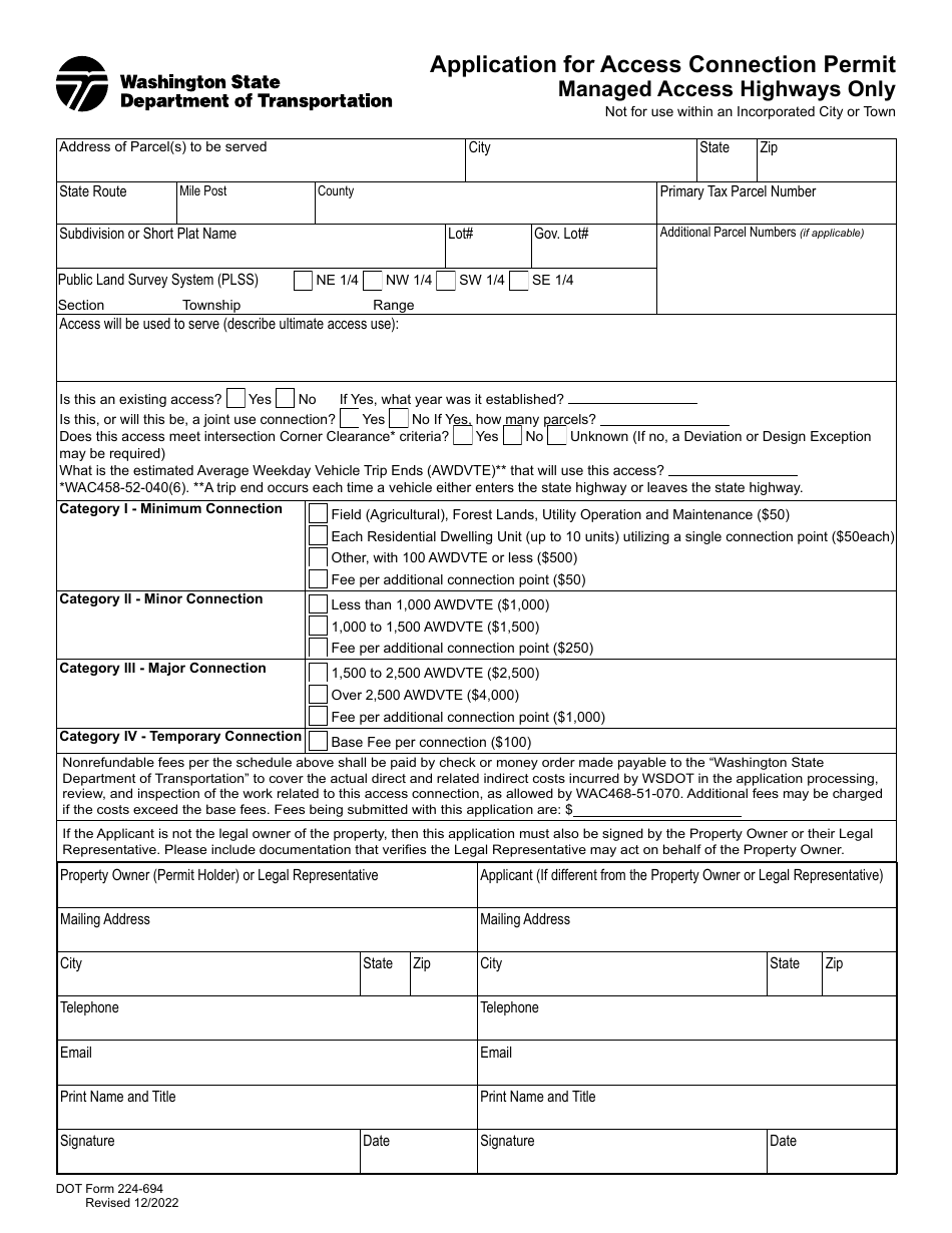 DOT Form 224-694 Application for Access Connection Permit - Managed Access Highways Only - Washington, Page 1