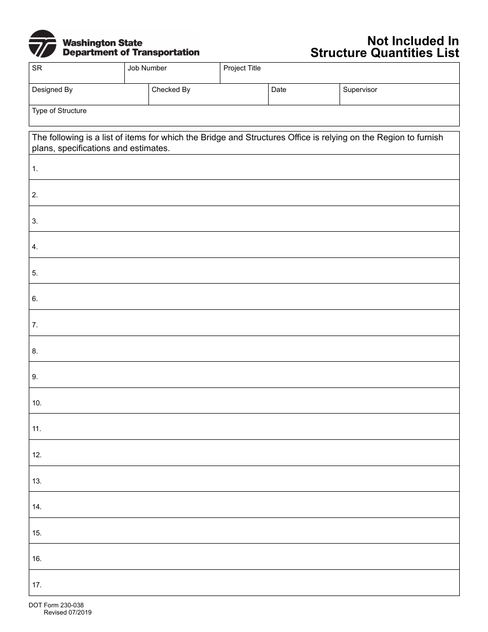 DOT Form 230-038 Not Included in Structure Quantities List - Washington, Page 1