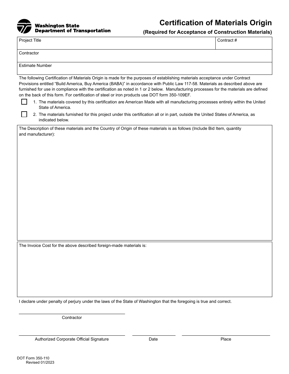 DOT Form 350-110 Certification of Materials Origin (Required for Acceptance of Construction Materials) - Washington, Page 1