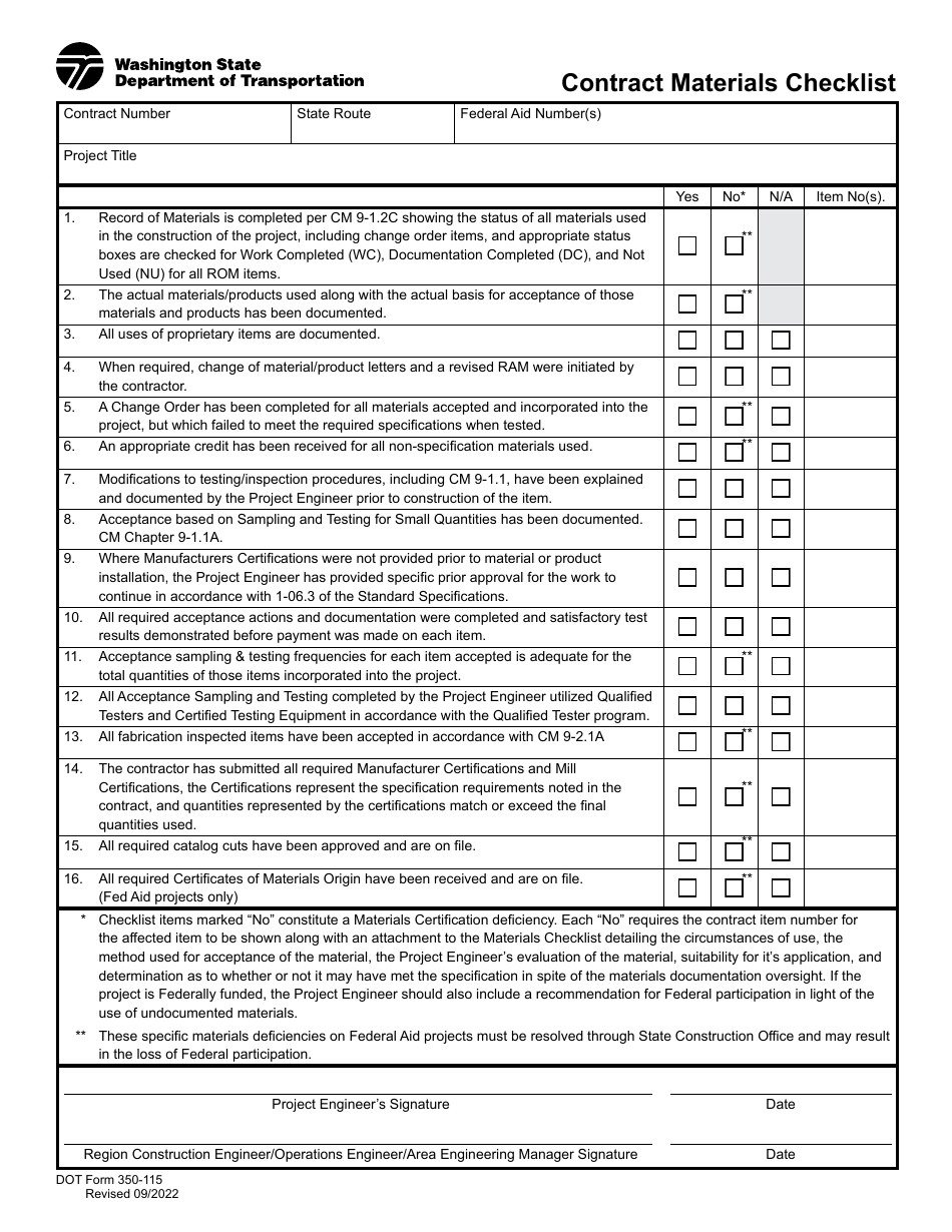 DOT Form 350-115 Contract Materials Checklist - Washington, Page 1