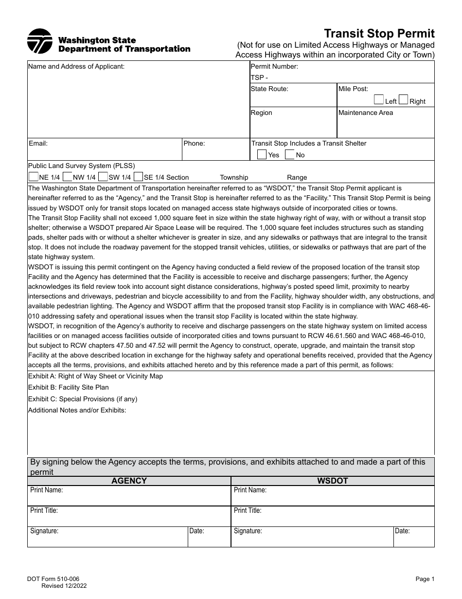 DOT Form 510-006 Transit Stop Permit - Washington, Page 1