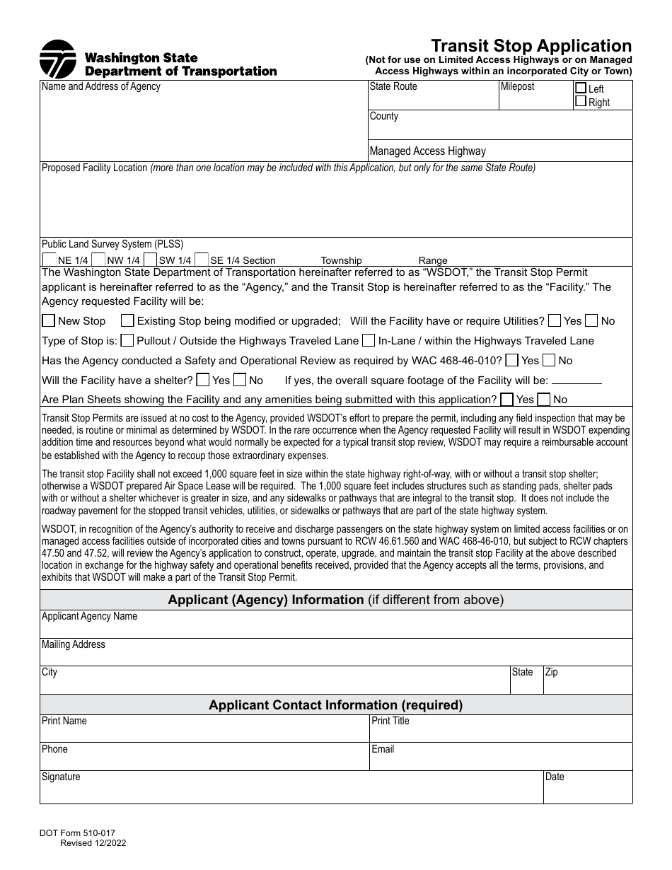 DOT Form 510-017 Transit Stop Application - Washington, Page 1