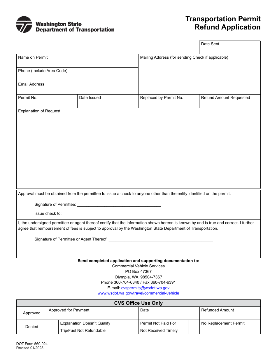 DOT Form 560-024 Transportation Permit Fund Refund Application - Washington, Page 1