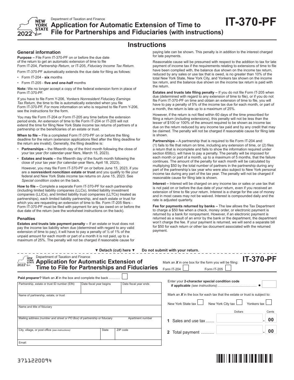 Form IT-370-PF Application for Automatic Extension of Time to File for Partnerships and Fiduciaries - New York, Page 1