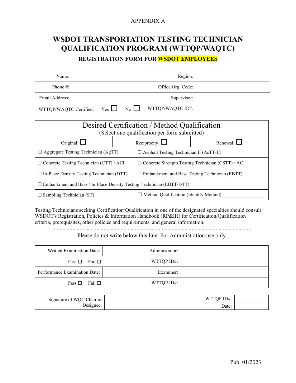 Appendix A Registration Form for Wsdot Employees - Wsdot Transportation Testing Technician Qualification Program - Washington, Page 1