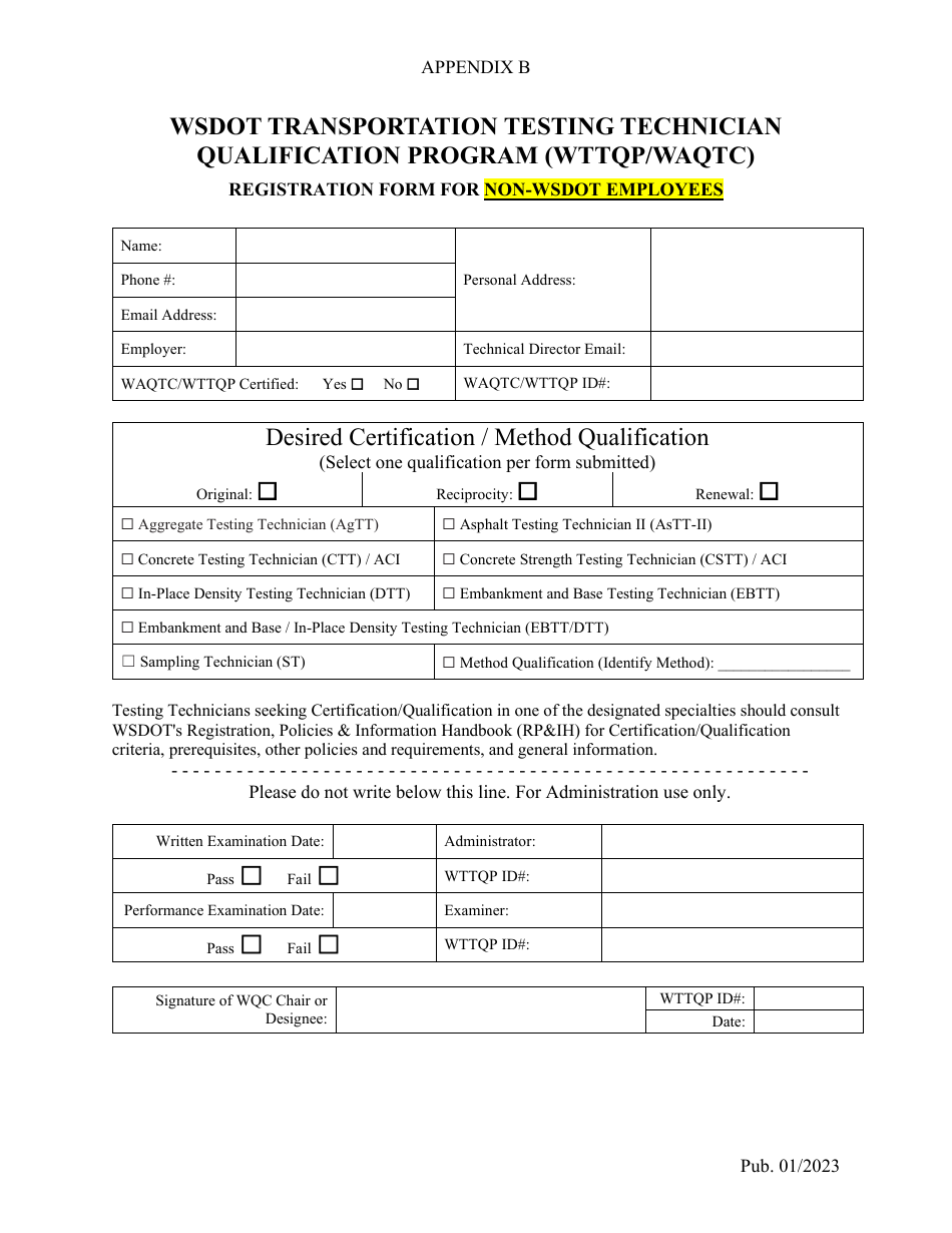 Appendix B Registration Form for Non-wsdot Employees - Wsdot Transportation Testing Technician Qualification Program - Washington, Page 1