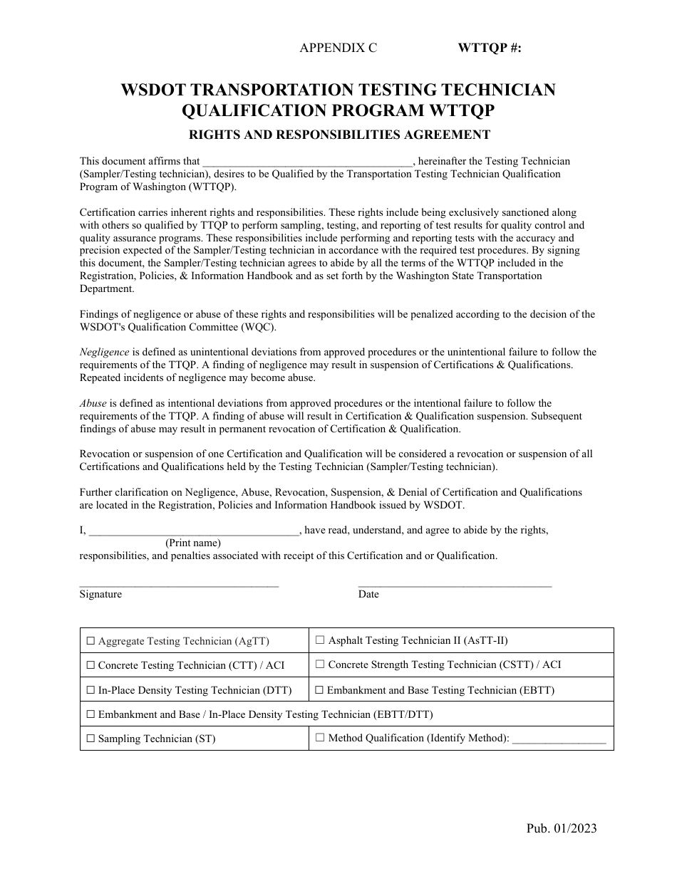 Appendix C Rights and Responsibilities Agreement - Wsdot Transportation Testing Technician Qualification Program - Washington, Page 1