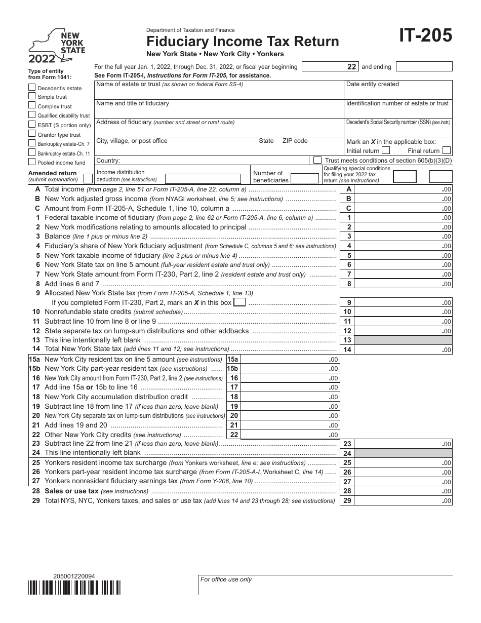Form IT205 Download Fillable PDF or Fill Online Fiduciary Tax