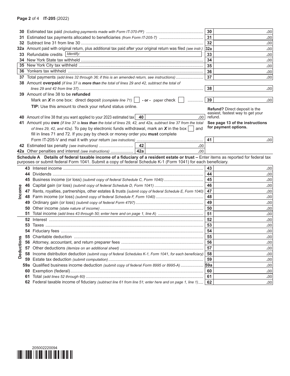 Form IT-205 Fiduciary Income Tax Return - New York, Page 2