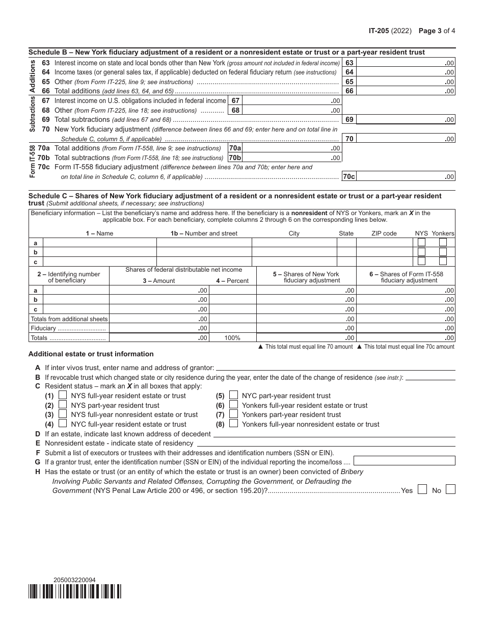 Form IT-205 Fiduciary Income Tax Return - New York, Page 3