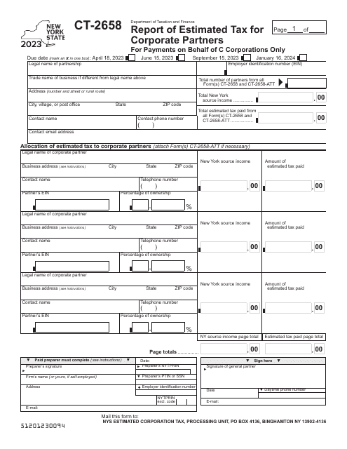 Form CT-2658 Report of Estimated Tax for Corporate Partners for Payments on Behalf of C Corporations Only - New York, 2023