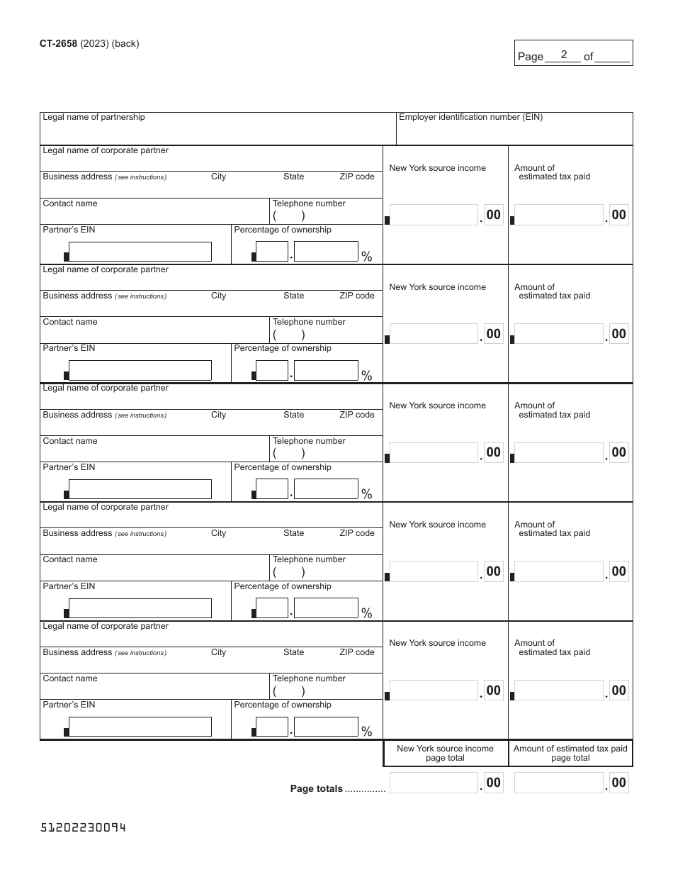 Form CT-2658 Report of Estimated Tax for Corporate Partners for Payments on Behalf of C Corporations Only - New York, Page 2