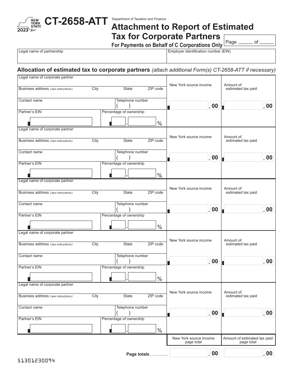 Form CT-2658-ATT Attachment to Report of Estimated Tax for Corporate Partners for Payments on Behalf of C Corporations Only - New York, Page 1