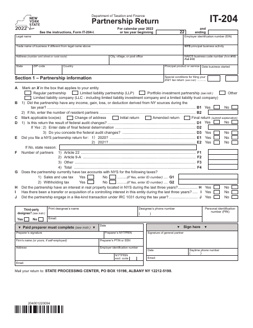 Form IT-204 2022 Printable Pdf