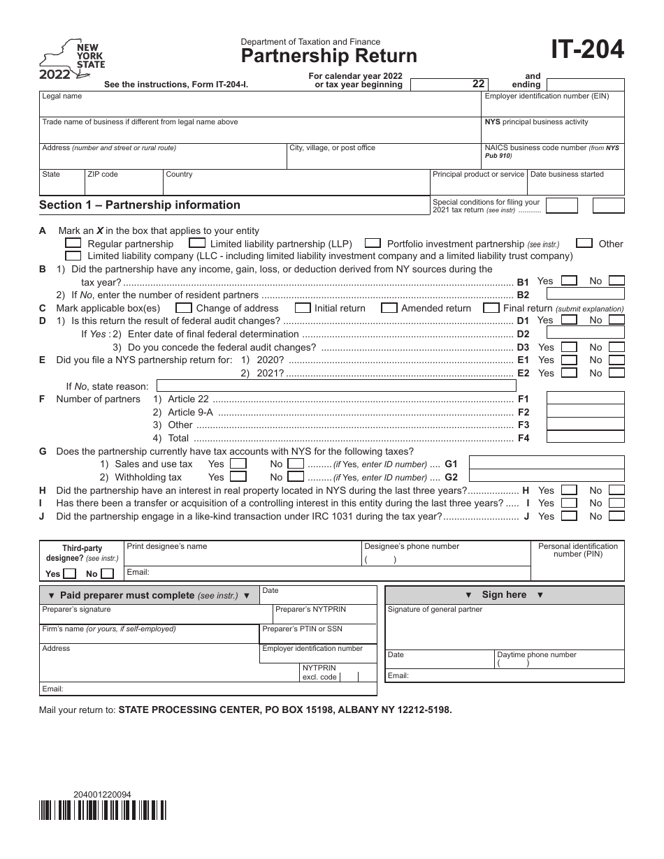 Form IT-204 Partnership Return - New York, Page 1