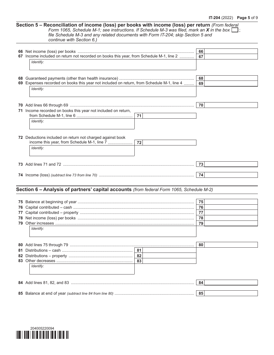 Form IT-204 Partnership Return - New York, Page 5