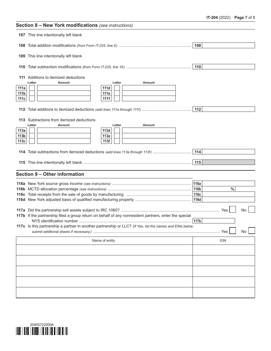 Form IT204 Download Fillable PDF or Fill Online Partnership Return