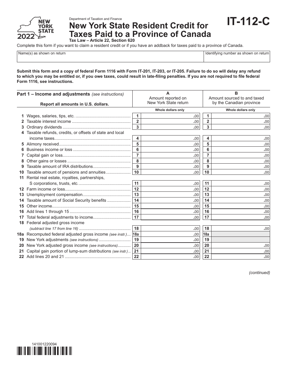 Form IT-112-C New York State Resident Credit for Taxes Paid to a Province of Canada - New York, Page 1