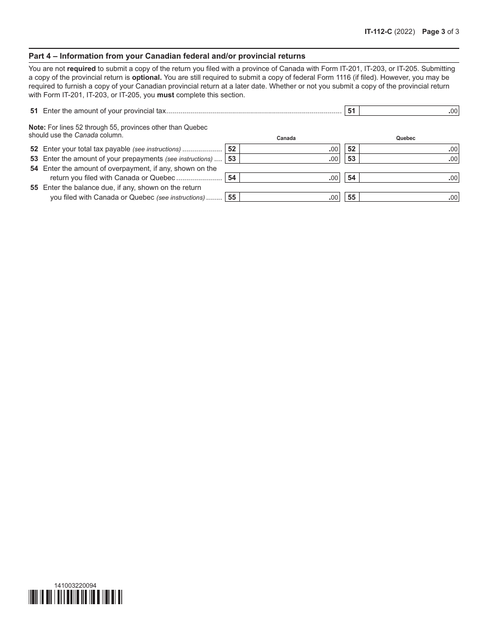 Form IT-112-C New York State Resident Credit for Taxes Paid to a Province of Canada - New York, Page 3
