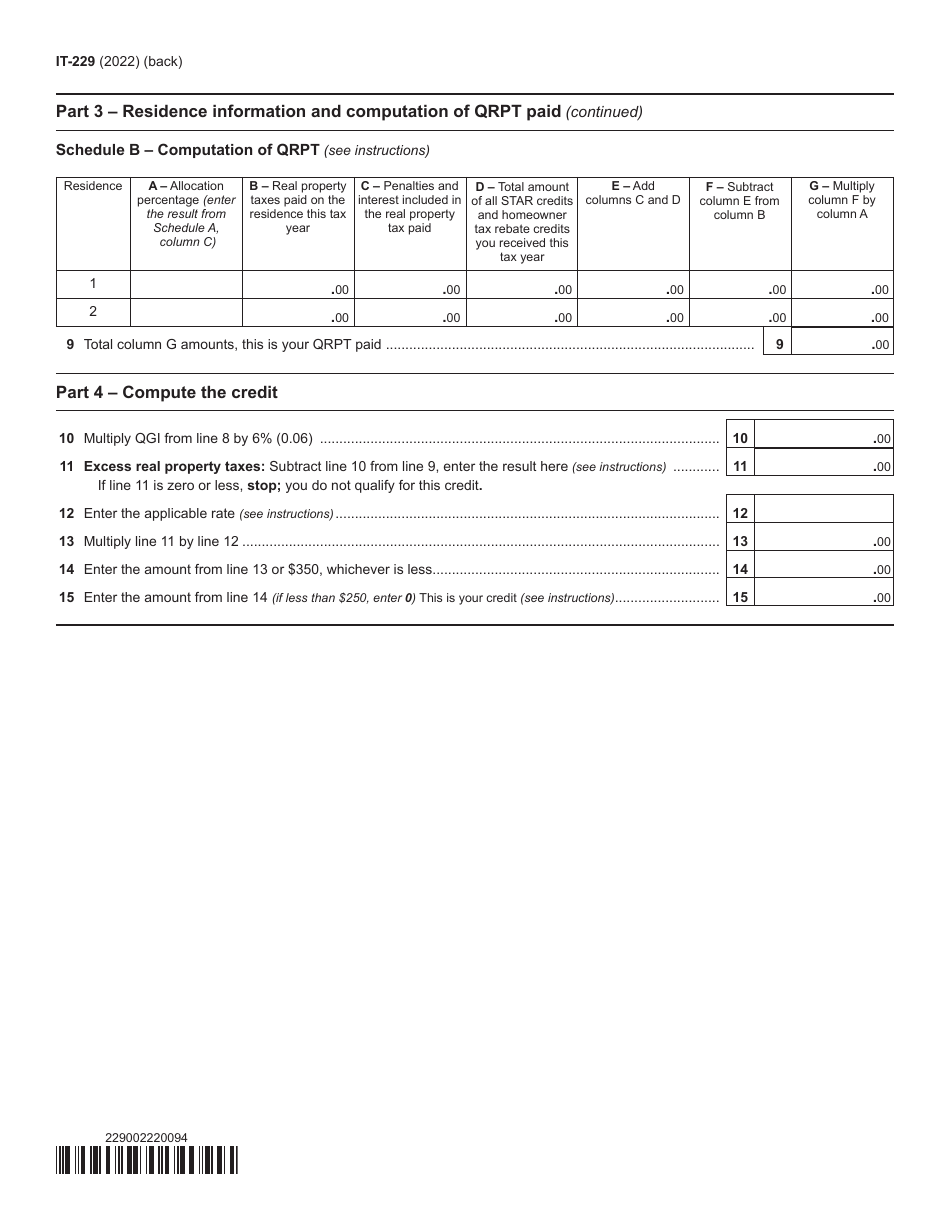 Form IT-229 Real Property Tax Relief Credit - New York, Page 2