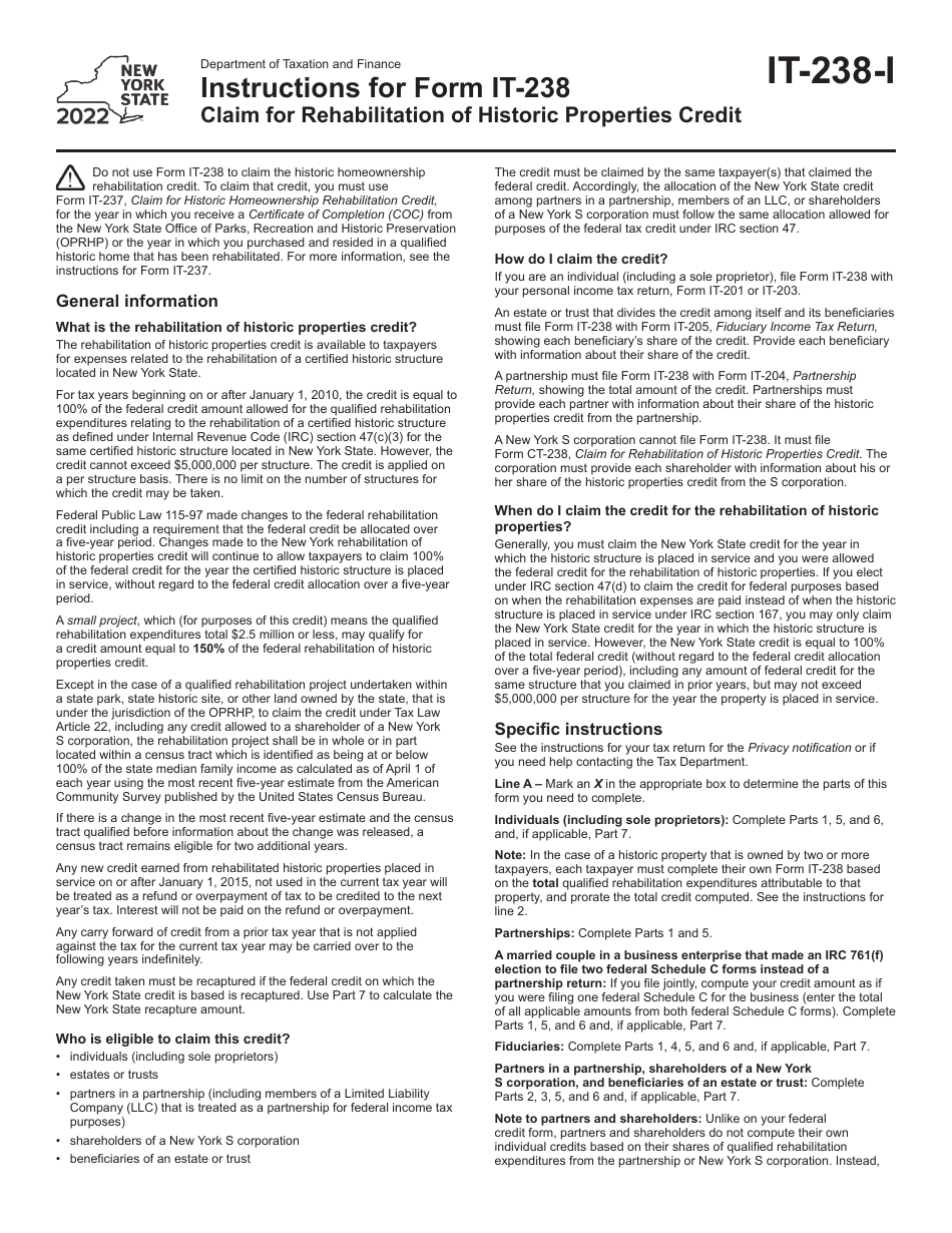 Instructions for Form IT-238 Claim for Rehabilitation of Historic Properties Credit - New York, Page 1