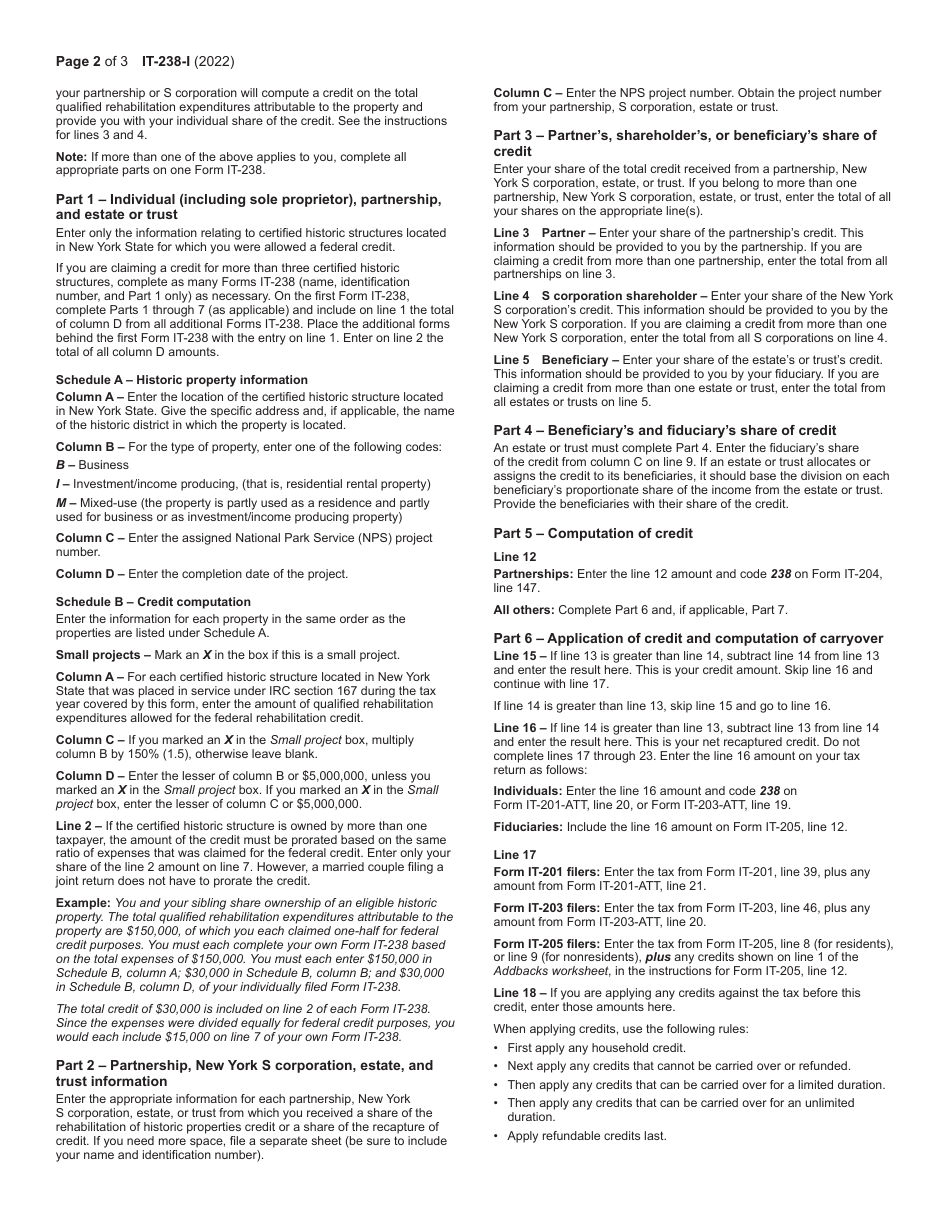Instructions for Form IT-238 Claim for Rehabilitation of Historic Properties Credit - New York, Page 2