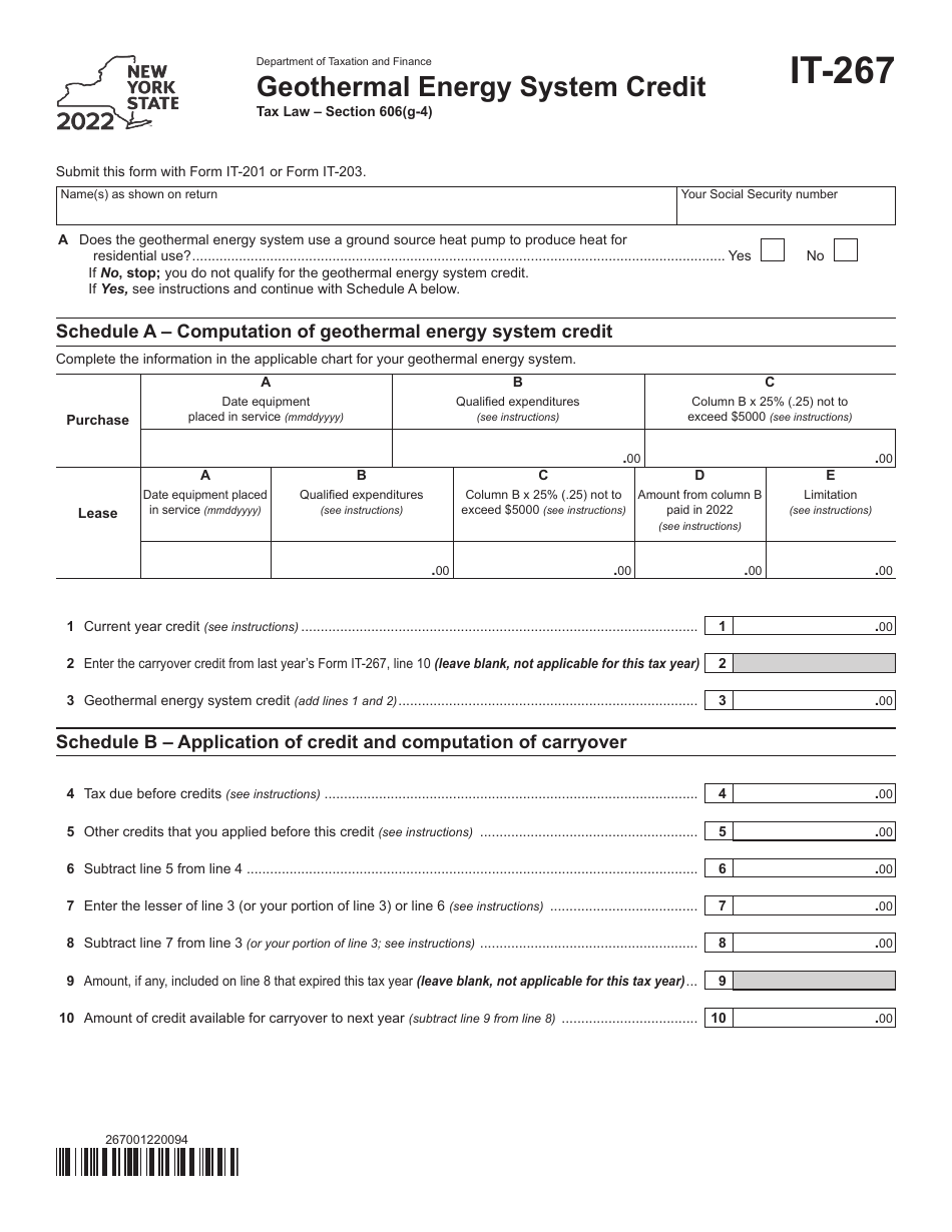 Form IT-267 Geothermal Energy System Credit - New York, Page 1