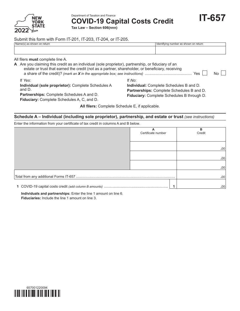 Form IT-657 Covid-19 Capital Costs Credit - New York, Page 1