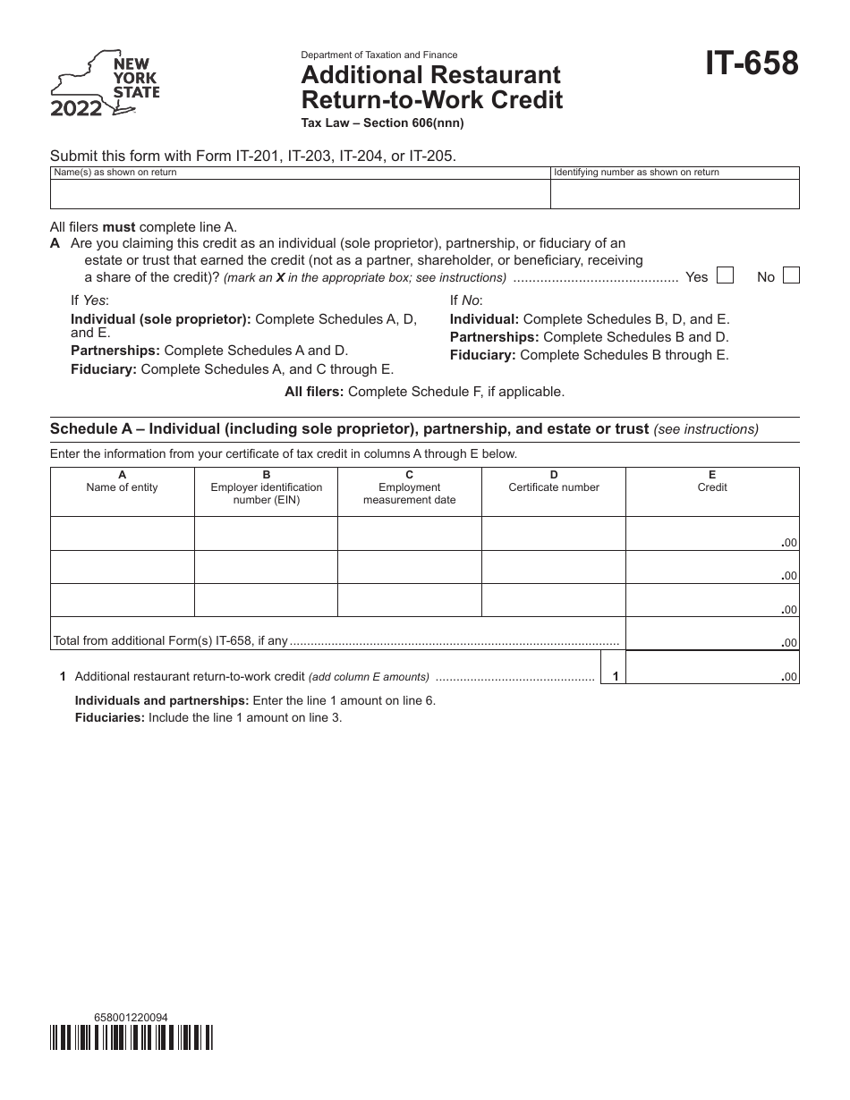 Form IT-658 Additional Restaurant Return-To-Work Credit - New York, Page 1