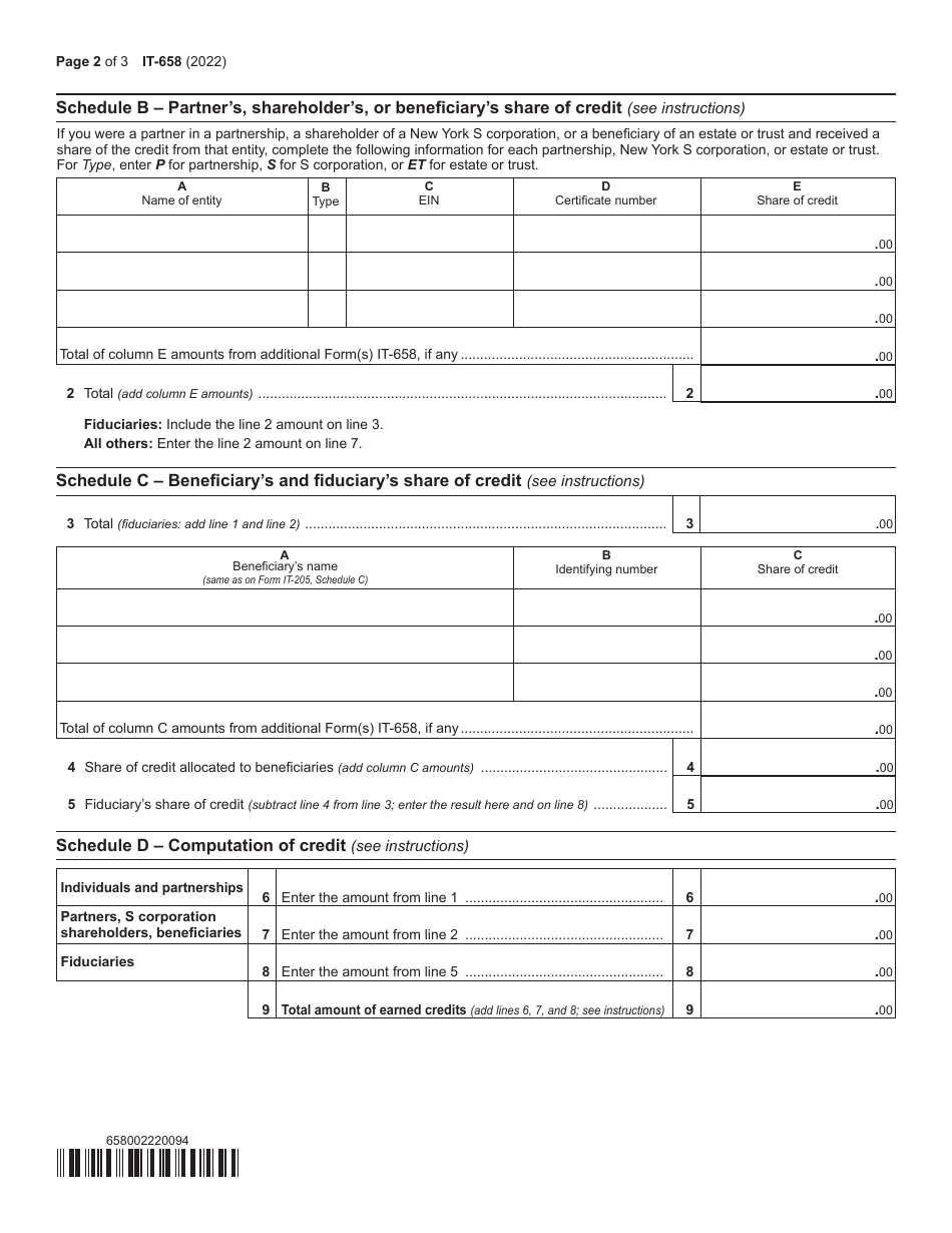Form IT-658 Additional Restaurant Return-To-Work Credit - New York, Page 2