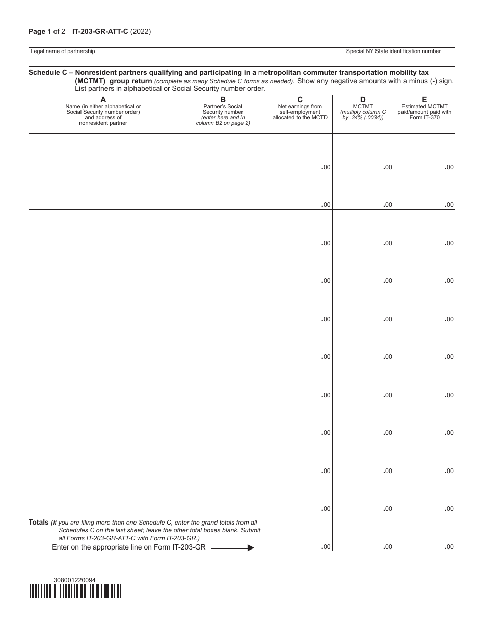 Form IT-203-GR-ATT-C Schedule C Nonresident Partners Qualifying and Participating in a Metropolitan Commuter Transportation Mobility Tax (Mctmt) Group Return - New York, Page 1