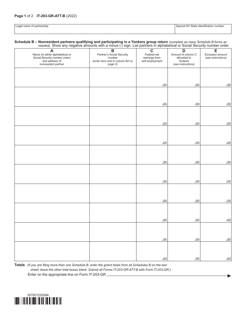 Form IT-203-GR-ATT-B Schedule B Nonresident Partners Qualifying and Participating in a Yonkers Group Return - New York, Page 1