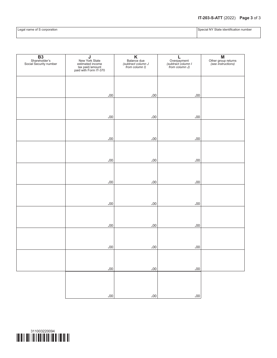 Form IT-203-S-ATT Nonresident Shareholders Qualifying and Participating in New York State Group Return - New York, Page 3