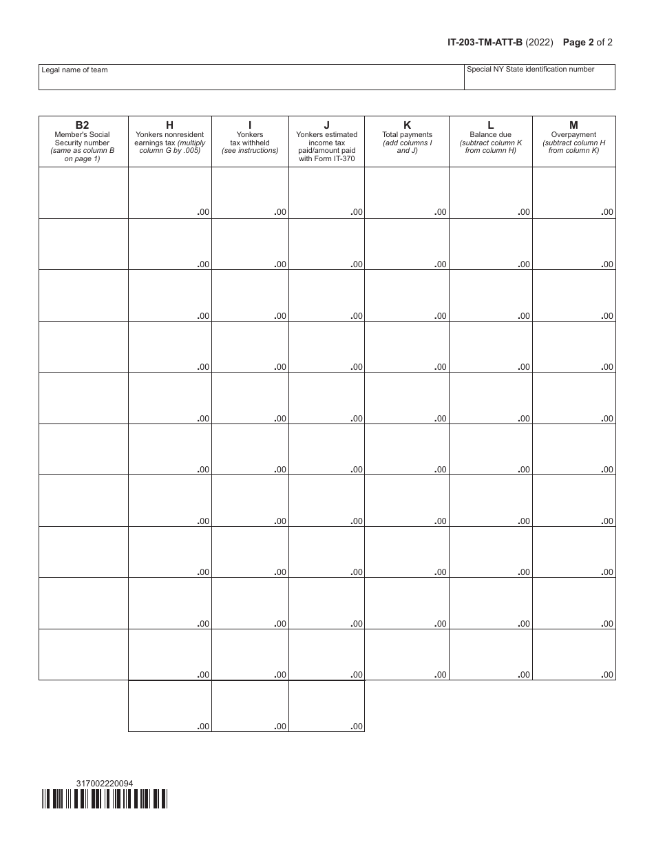 Form IT-203-TM-ATT-B Schedule B Nonresident Members Qualifying and Participating in a Yonkers Group Return - New York, Page 2