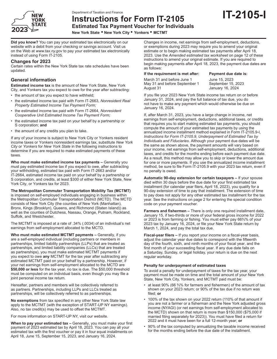 Download Instructions for Form IT-2105 Estimated Tax Payment Voucher for  Individuals PDF, 2023 | Templateroller