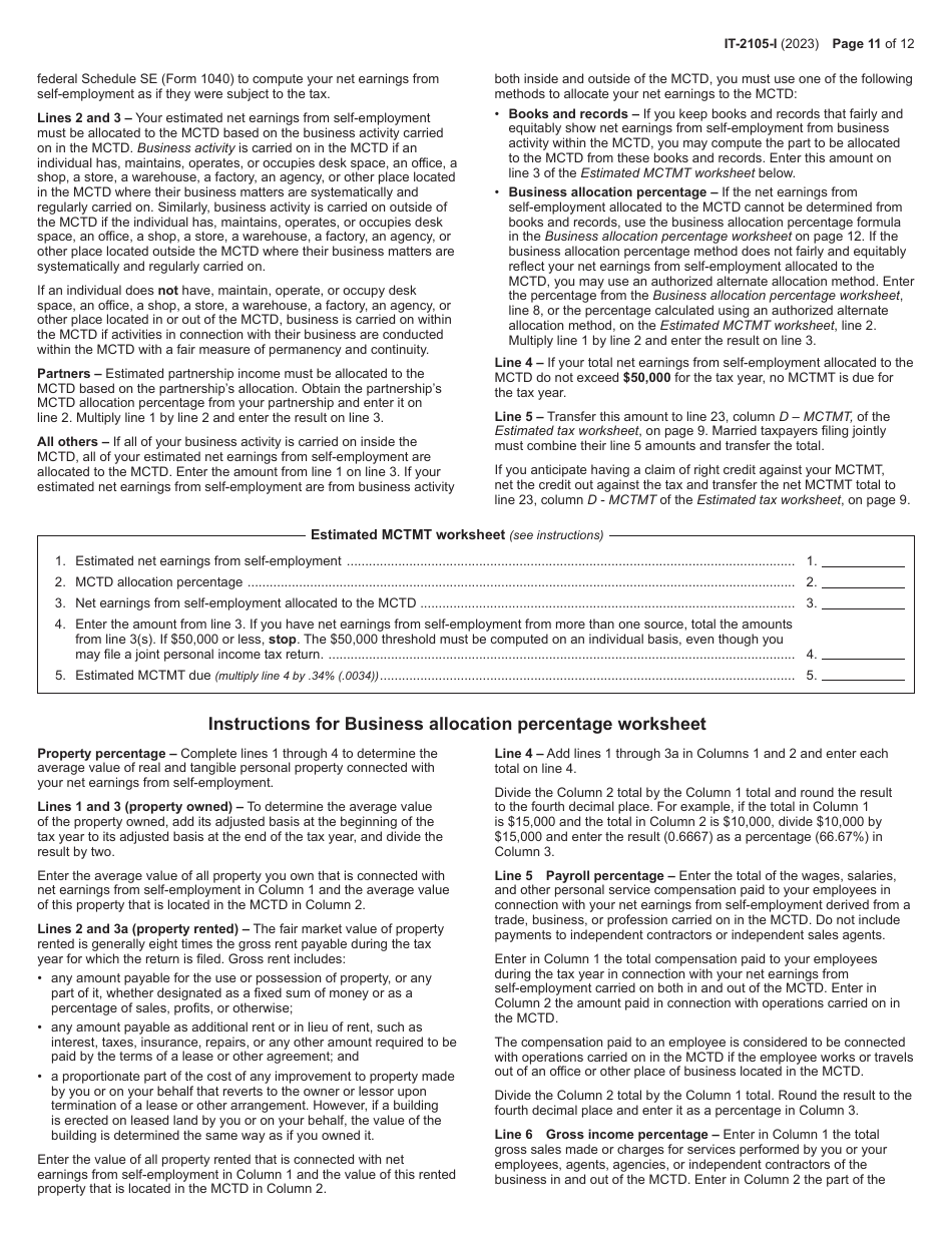 Instructions for Form IT-2105 Estimated Tax Payment Voucher for Individuals - New York, Page 11