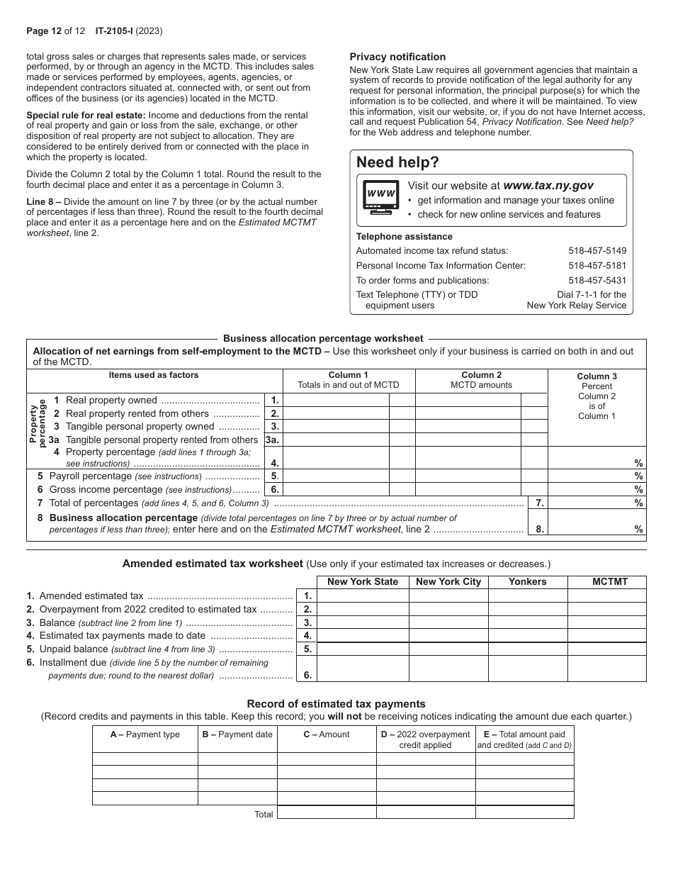 Instructions for Form IT-2105 Estimated Tax Payment Voucher for Individuals - New York, Page 12