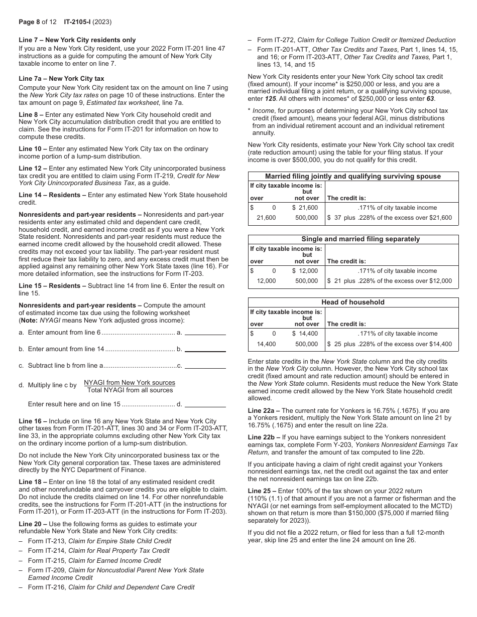 Instructions for Form IT-2105 Estimated Tax Payment Voucher for Individuals - New York, Page 8
