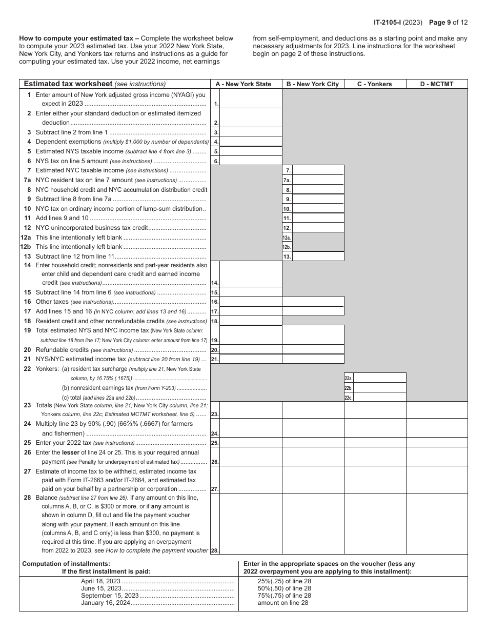 Instructions for Form IT-2105 Estimated Tax Payment Voucher for Individuals - New York, Page 9