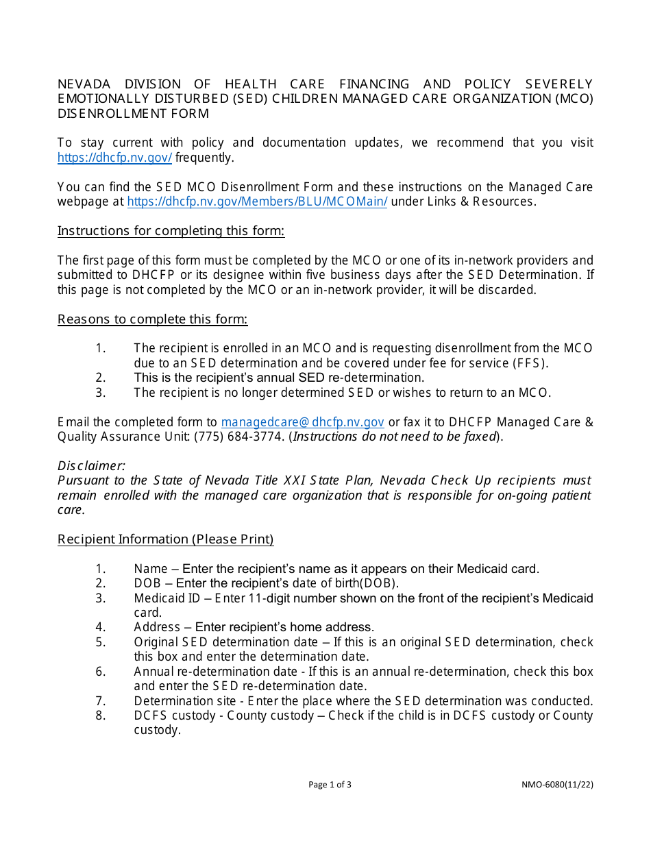 Form NMO-6080 Severely Emotionally Disturbed (Sed) Children Managed Care Organization (Mco) Disenrollment Form - Nevada, Page 1