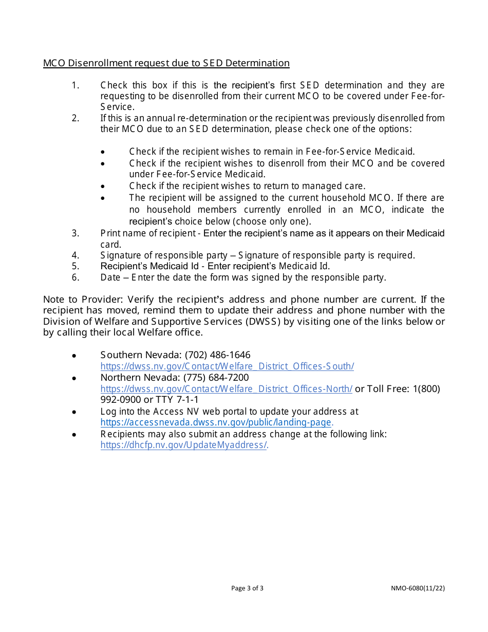 Form NMO-6080 Severely Emotionally Disturbed (Sed) Children Managed Care Organization (Mco) Disenrollment Form - Nevada, Page 3