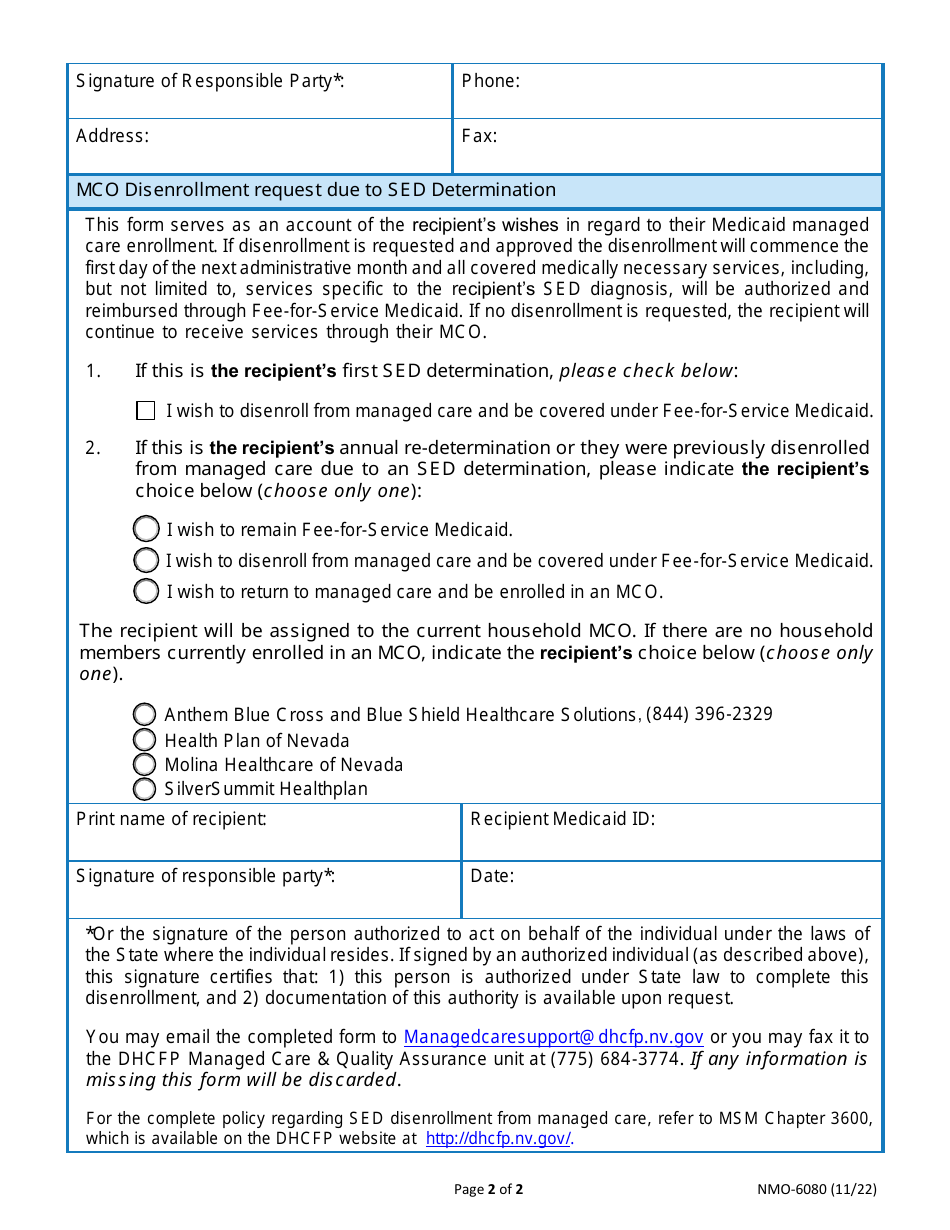 Form NMO-6080 Severely Emotionally Disturbed (Sed) Children Managed Care Organization (Mco) Disenrollment Form - Nevada, Page 5