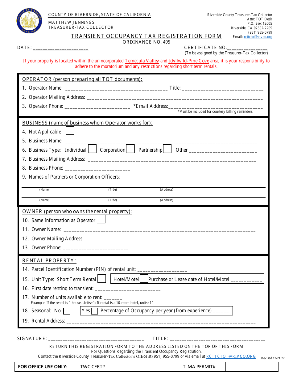 Transient Occupancy Tax Registration Form - Riverside County, California, Page 1