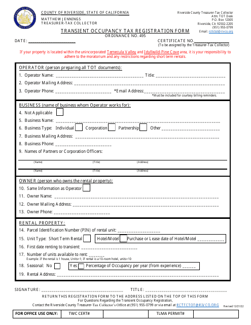 Transient Occupancy Tax Registration Form - Riverside County, California Download Pdf