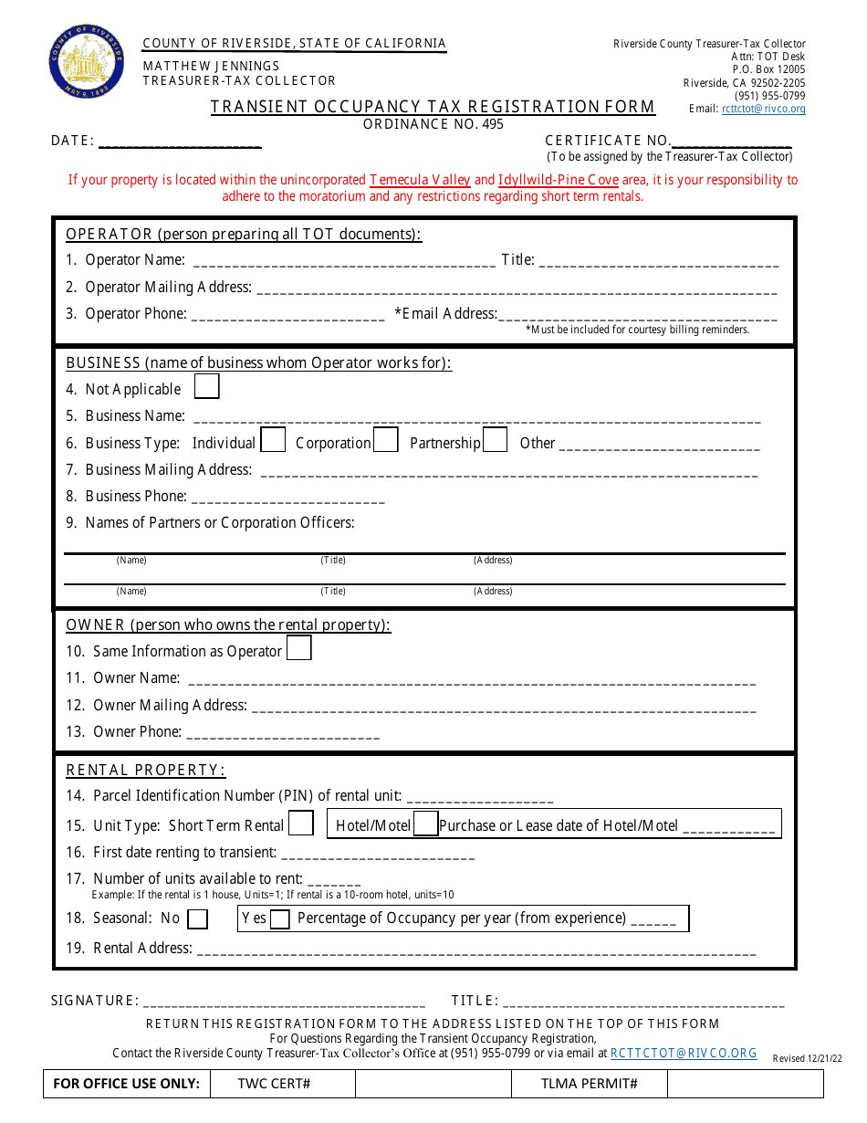 Riverside County, California Transient Occupancy Tax Registration Form ...