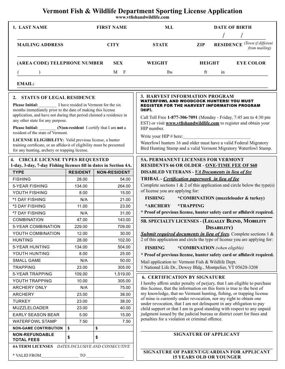 Sporting License Application - Vermont, Page 1