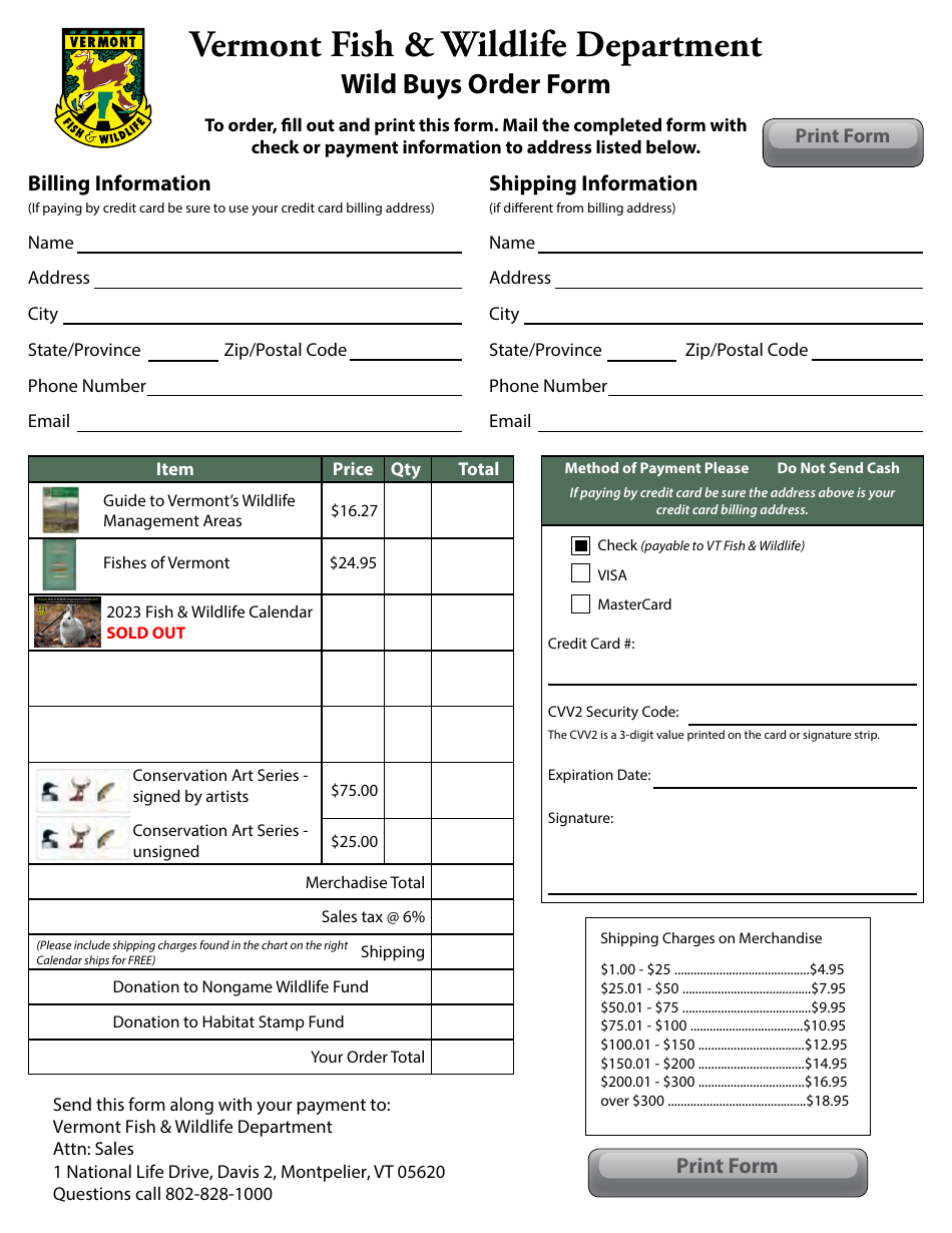 Wild Buys Order Form - Vermont, Page 1