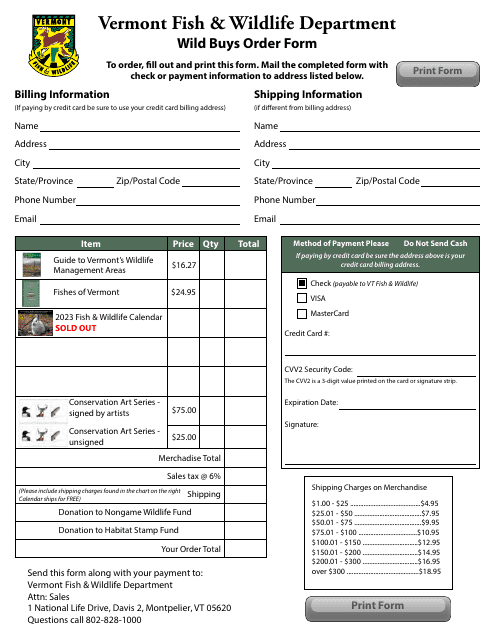 Wild Buys Order Form - Vermont, 2023