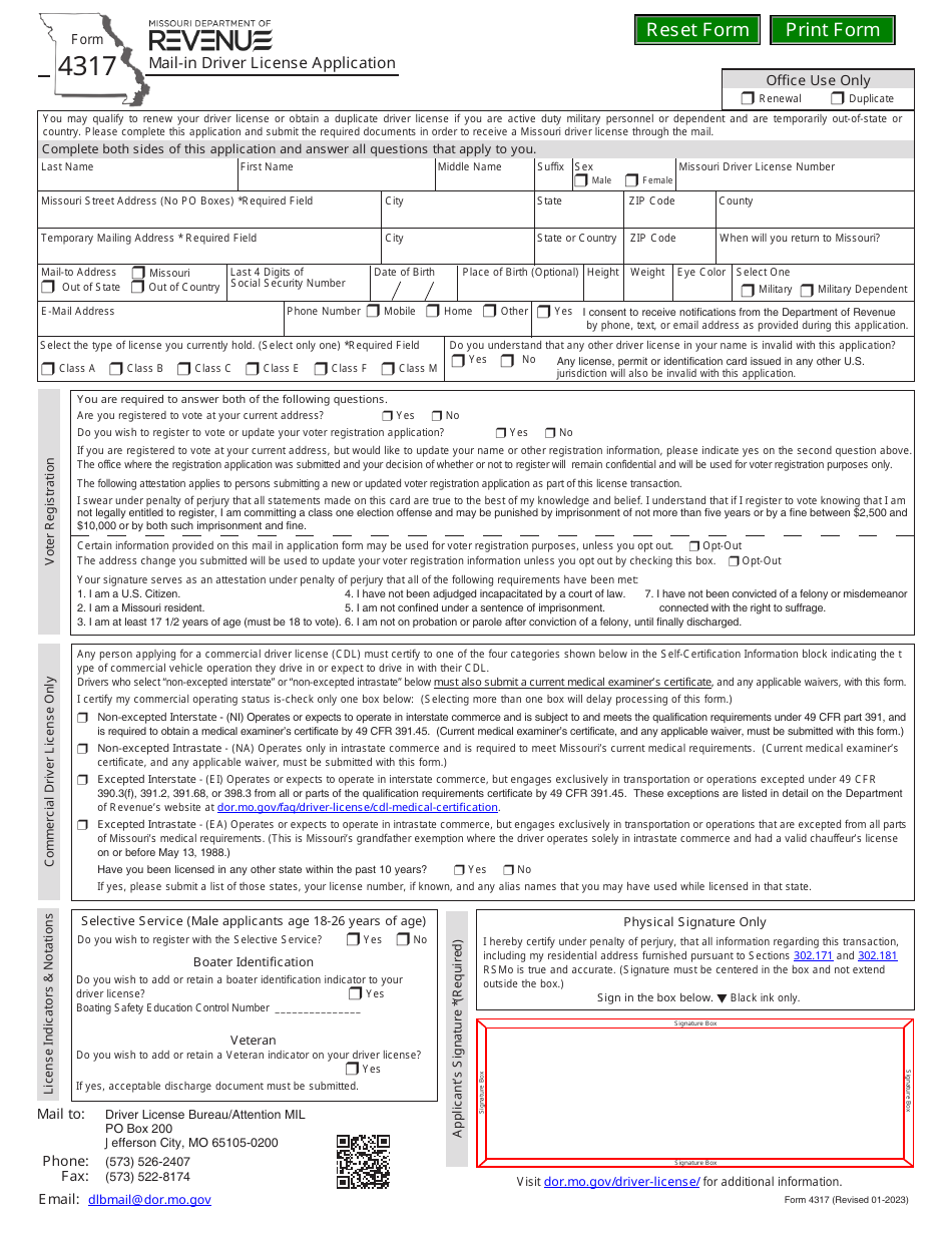 Form 4317 Mail-In Driver License Application - Missouri, Page 1